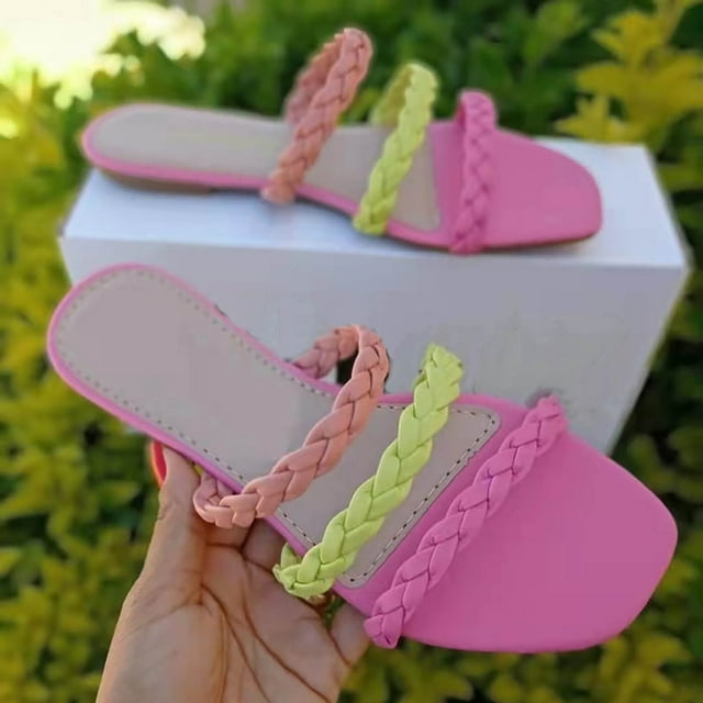 Prix Réduit! Aqestyerly Pantoufles d'Été pour Femmes Mode Tête Carrée Creusée Couleur Pantoufles Plates