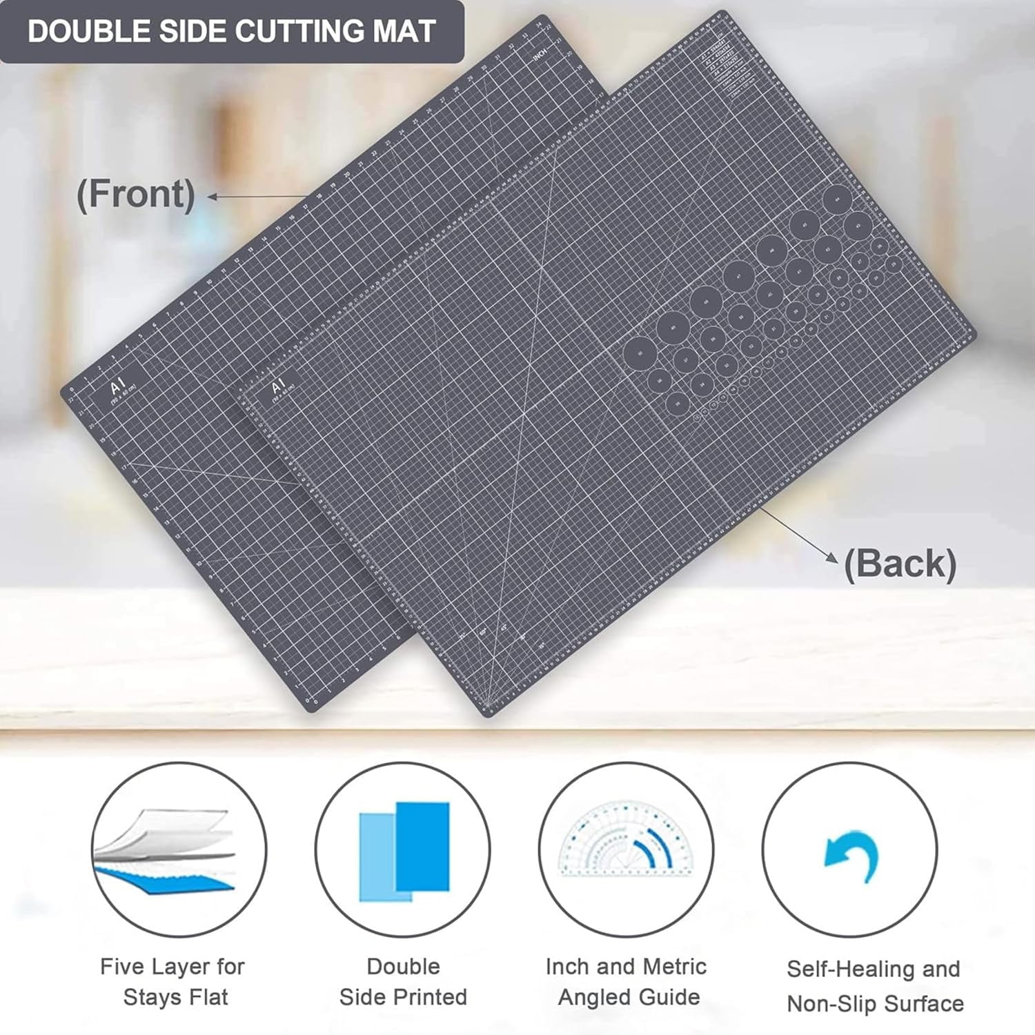 Thickened 24 x 36 Inch Self Healing Cutting Mat, Durable A1 Double Sided 5-Layer Craft Cutting Board for Fabric, Quilting, Sewing, Hobby, Scrapbooking, Arts and Crafts Project, Dark Gray
