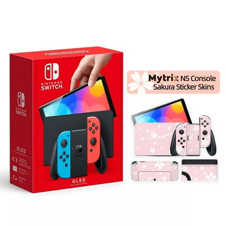 2021 New Nintendo Switch OLED Model Neon Red Blue with Mytrix Full Body Skin for NS OLED Console, Dock and Joycons - Sakura Pink