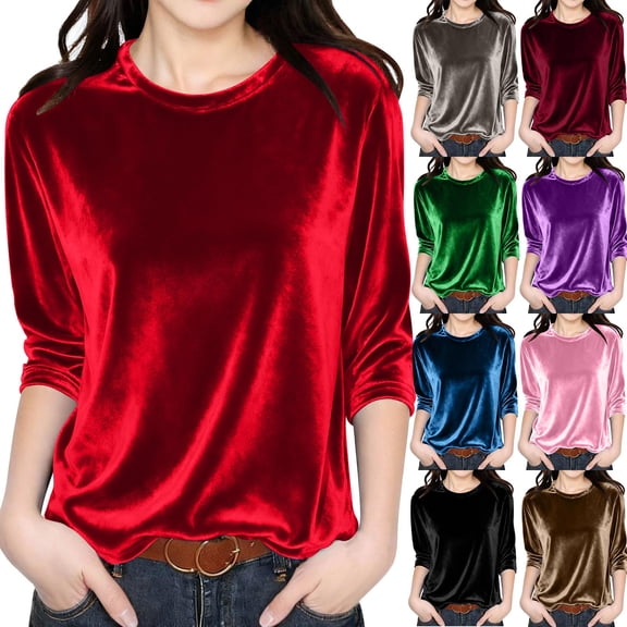HAOTAGS Velvet Top Girls,3/4 Sleeve Round Neck Solid Color Warm Blouses Red 7-8T