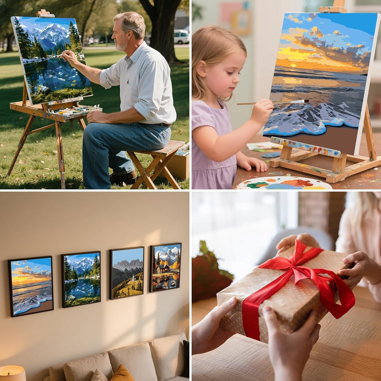 Qoosea 4 pack Paint by Number for Adults Canvas, DIY Landscape Paint by Number Kits for Adults Beginner, Home Wall Decor, Gifts (12x9 inch)