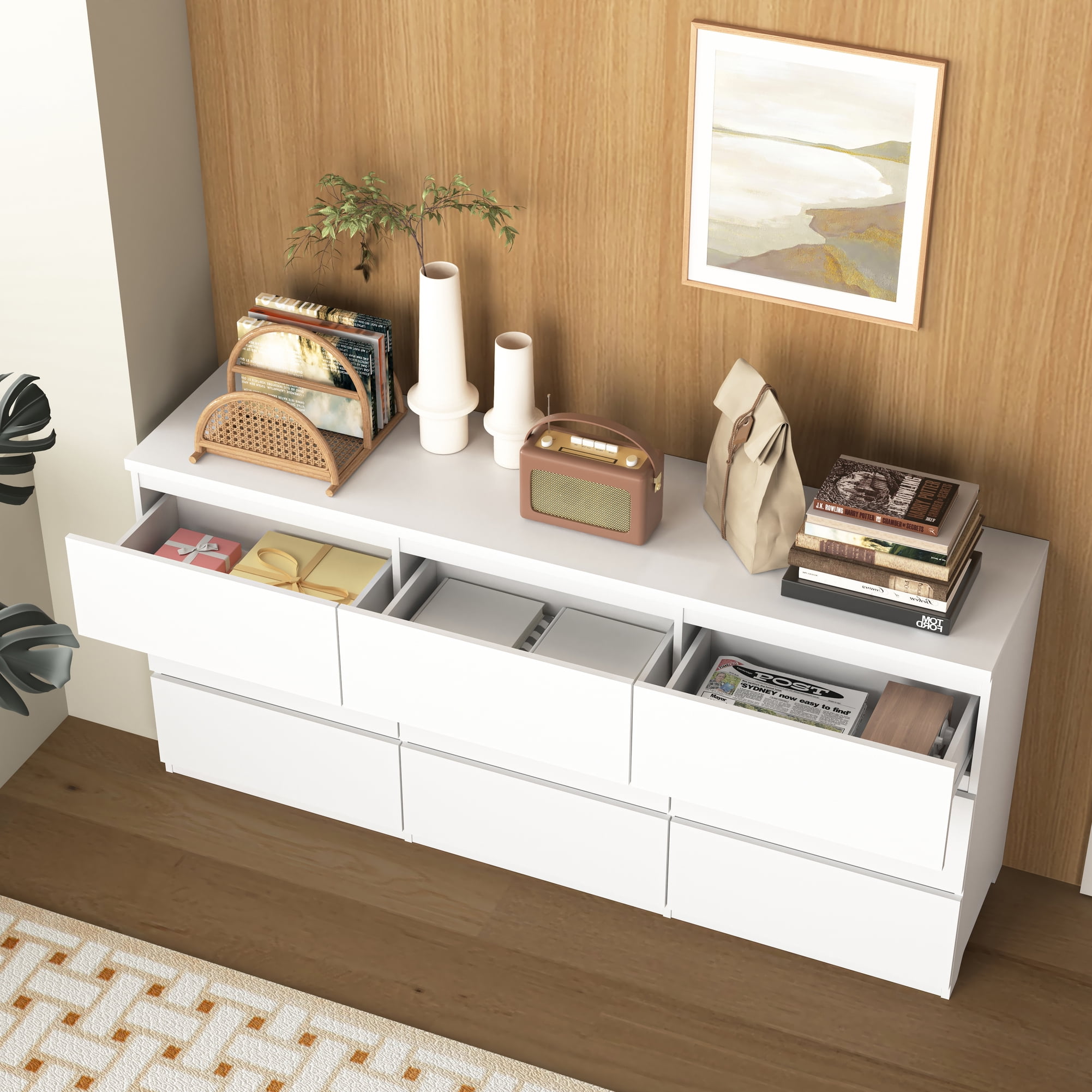 Noble House 9-Drawer Dresser, Modern Storage Chest with Handleless Design, White