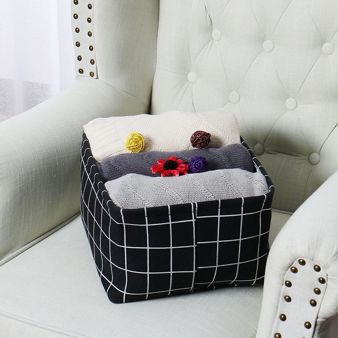 Unique Bargains Foldable Canvas Fabric Storage Bins Basket Clothing Storage Black-S