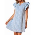 thumbnail image 2 of Women's Short Sleeve Floral Ruffle Smocked Mini Dresses Neck Burnout Sundress Dress for Casual Summer Light Blue L, 2 of 9