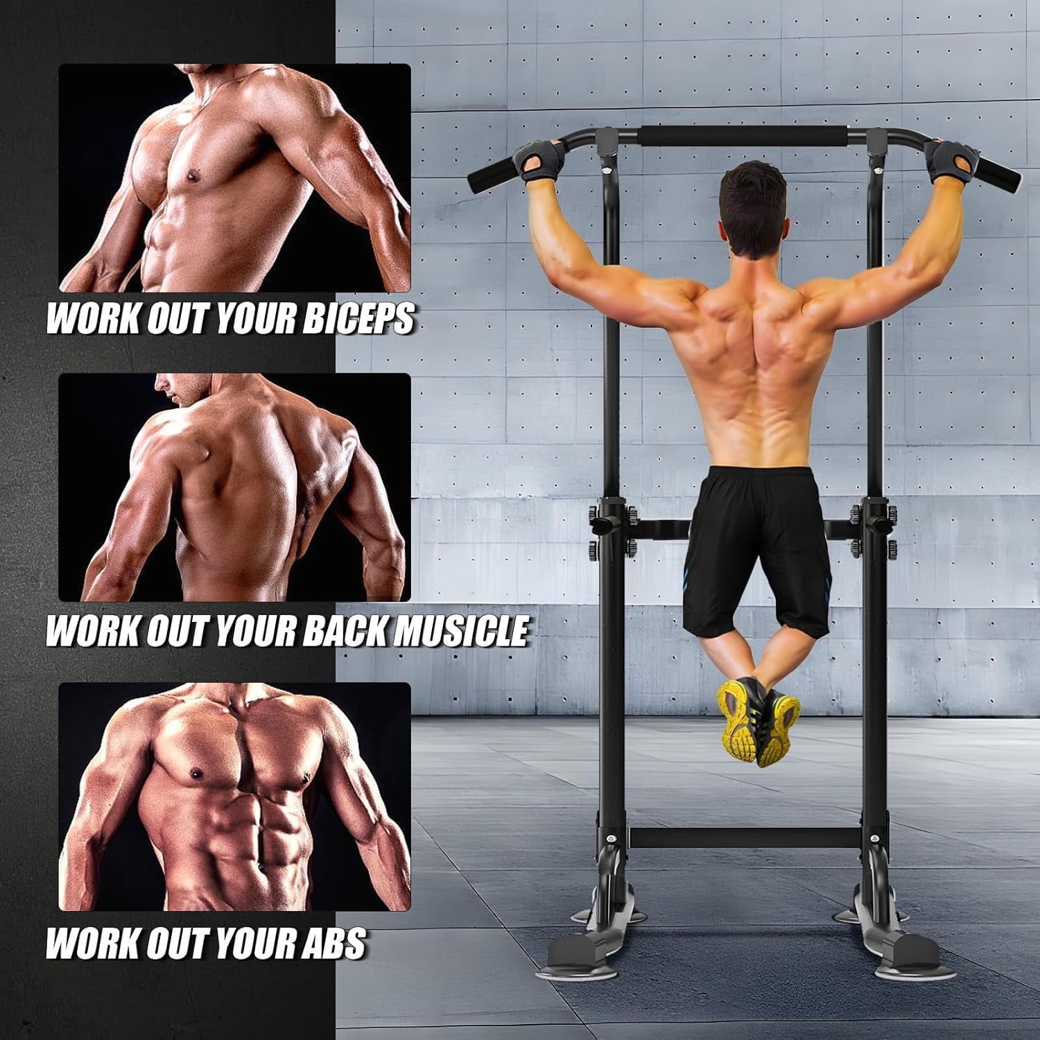 QHTER Power Tower Pull Up Bar Station, Free Standing Pull Up Rack Dip Station for Home Gym, Height Adjustable Home Strength Training Fitness Workout Equipment