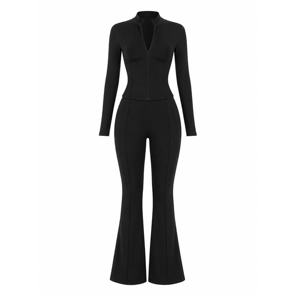 Women's Slim Fit Stretch Knit 2 Piece Set with Zip Front and Flare Pants for Yoga Activewear