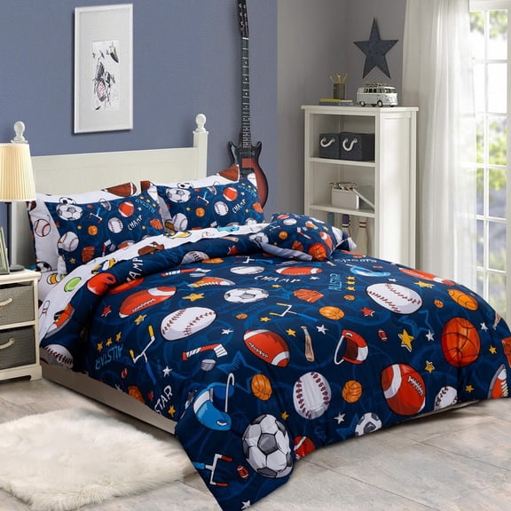 6Pcs Bed in A Bag Full Sports Microfiber Modern Comforter Set,Navy Rugby Ball Printed Bedding Collections,for Boys Kids Teen
