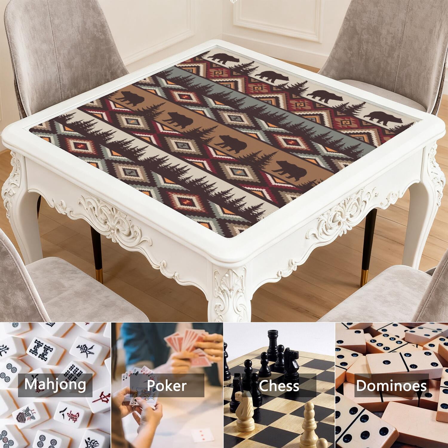 Decorative Boho Print Non-Slip Table Mat for Mahjong 31.5 Inch Square Rubber Surface Reduces Tile Noise for Card Games Board Games and Game Nights