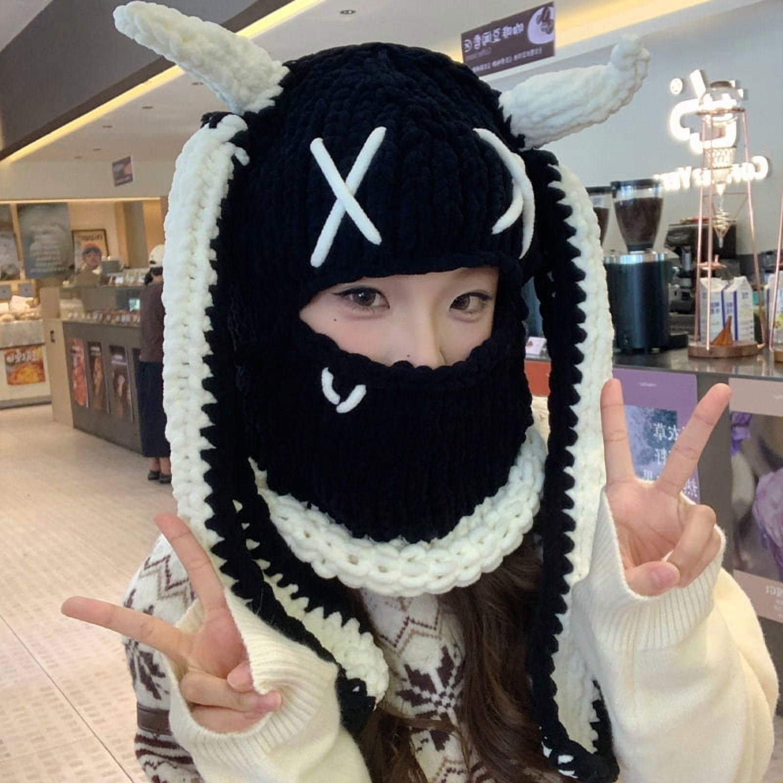 Bunny Ear Hat, Knitted Winter Beanie, Pink Bunny Ear & Devil Horn Balaclava Mask for Women – Soft Polar Winter Mask, Cute Cosplay & Halloween Costume Accessory