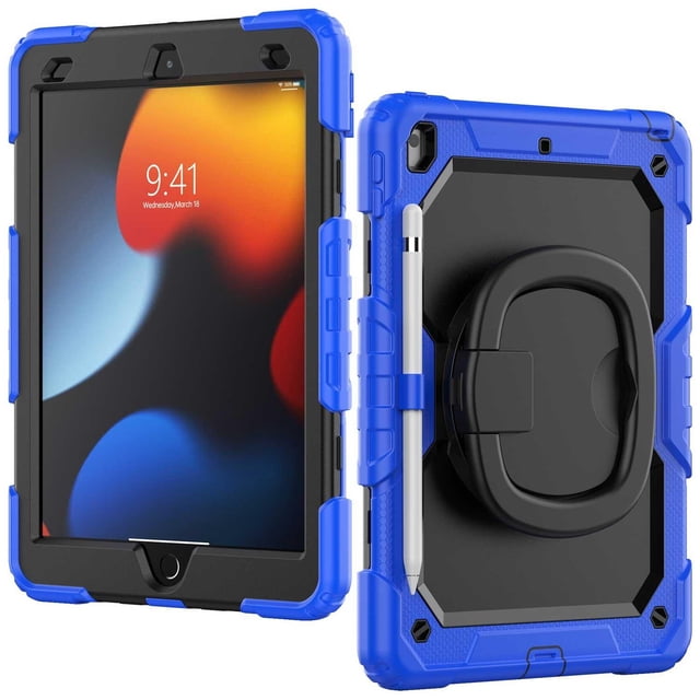 funda tekku handled uso rudo para ipad 9 8 7 10.2 azul negro a2602 a2605 a2270 a2428 a2430 a2197 — Frontal y trasera de funda azul y negra con borde reforzado y recortes para cámara y puertos; soporte trasero abatible con ángulos de visión, anilla de agarre y ranura lateral para lápiz; incluye mica de pantalla y correa removible; tablet ilustrativa no incluida. Adecuada también para llevar la tablet con la correa en viajes.