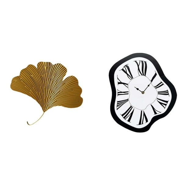Esculturas de pared de hojas,Esculturas de pared de hierro forjado con hojas de ginkgo,Reloj de pared,Reloj de pared interior con números romanos nórdicos,Relojes distorsionados Reloj