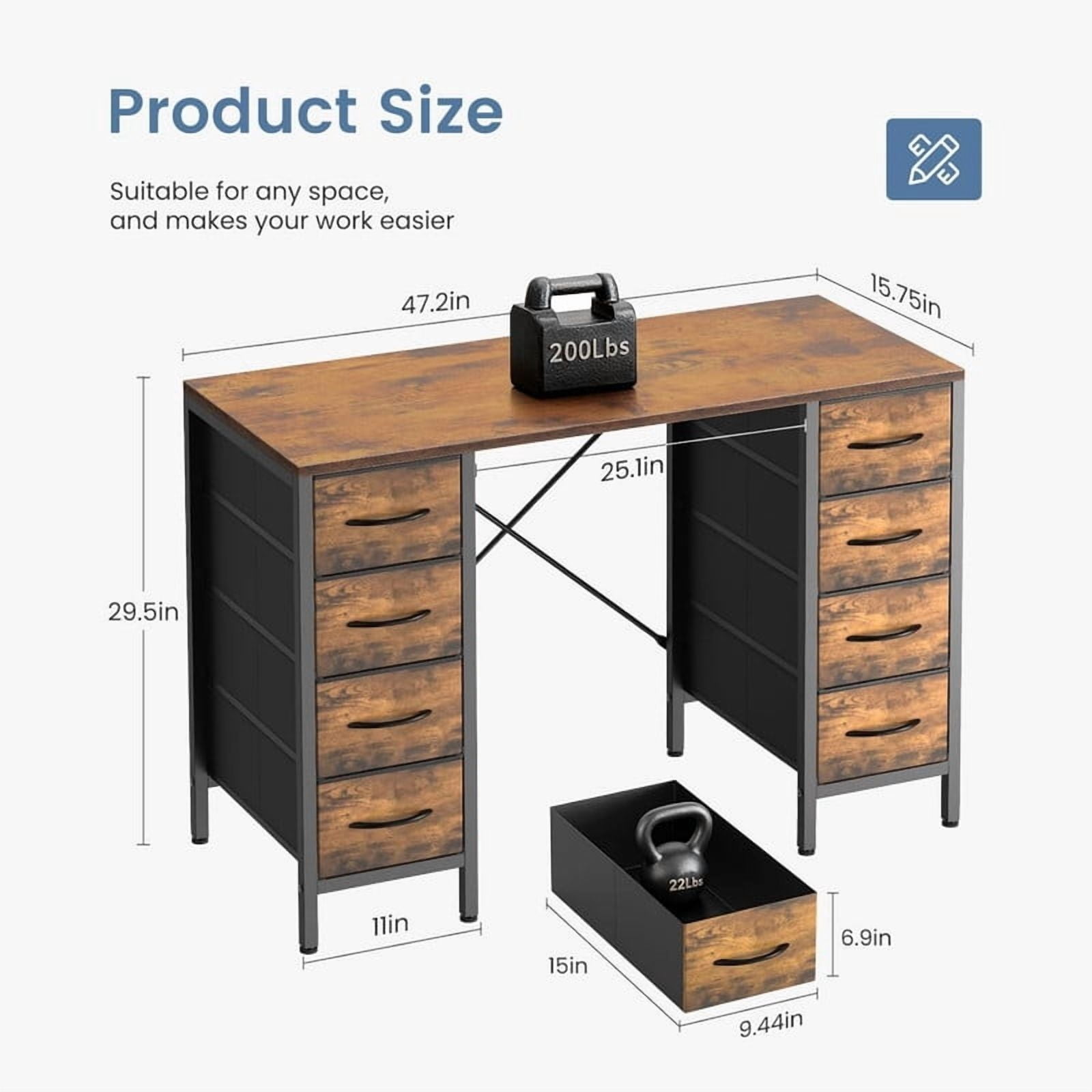 Kelno 47 Inch Computer Desk with 8 Fabric Drawer Large Storage Gaming Writing Table, Rustic Brown