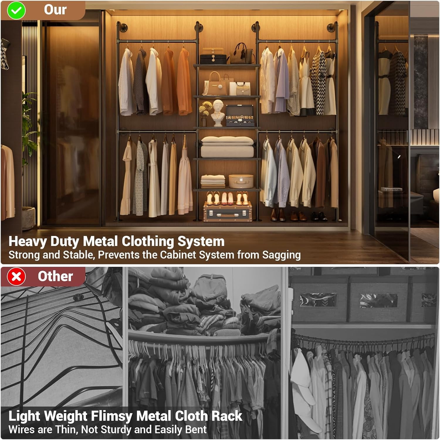 Homieasy 77‘’ Closet System, Industrial Pipe Clothing Rack, Black Oak