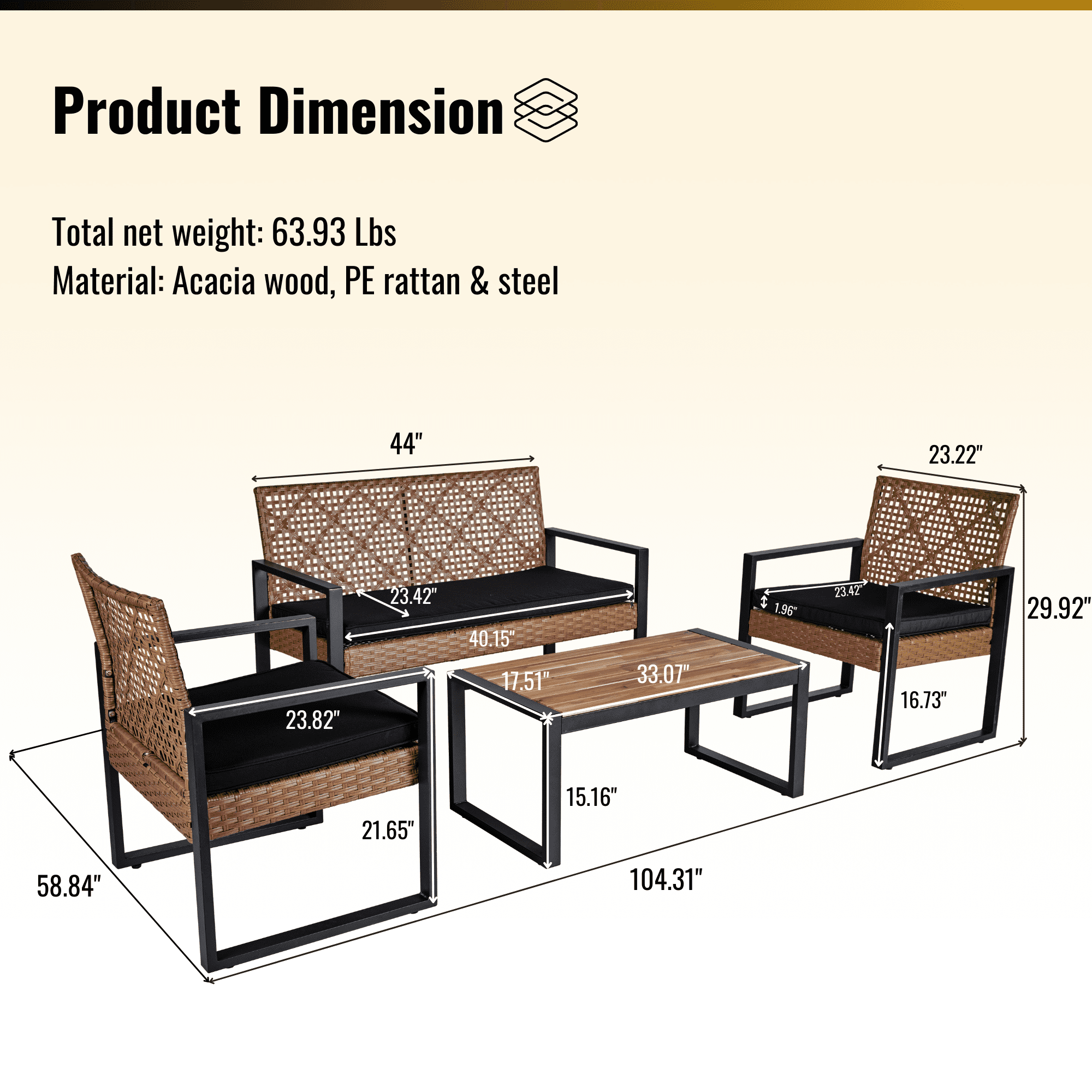 Aimee Lii 4-Piece Patio Furniture Set for Outdoor Balcony Porch Garden Backyard Lawn, Acacia Wood Table Top, Black Cushion