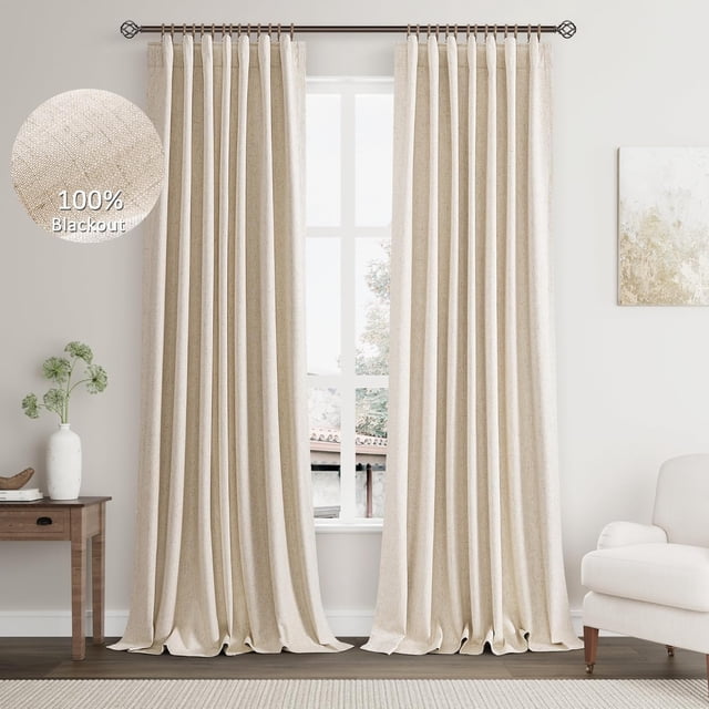 ASWZXCFGV Green Linen Blackout Curtains 84 Inch Length 2 Panels Set for Bedroom Back Tab Neutral Pleated Look Living Room Darkening Curtains Track System Thermal Insulated Black Out Drape