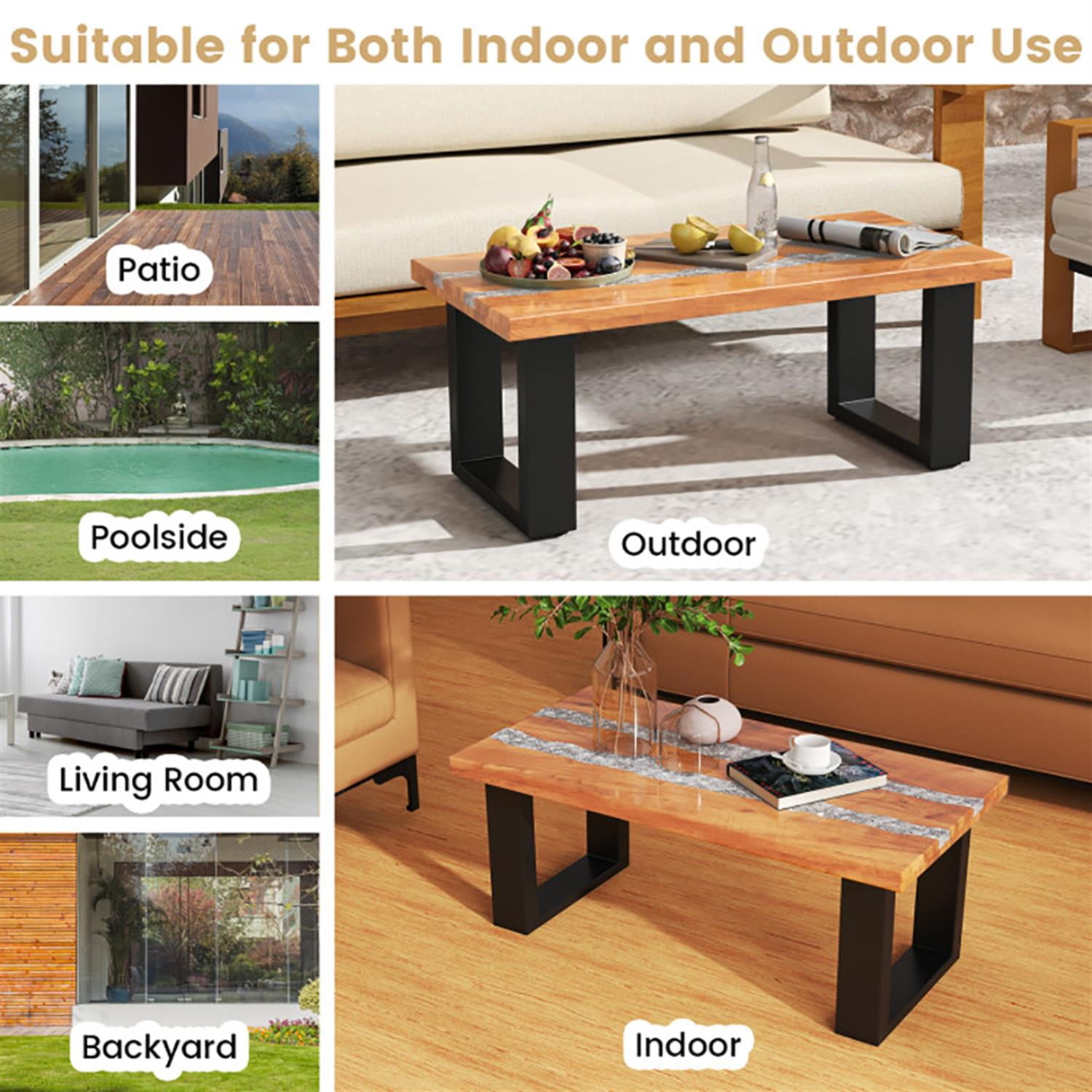 Demi Bonn 40" Teak Wood Patio Table with River Feel Epoxy Tabletop, Modern Outdoor Dining Table, Perfect for Small Space, Brown