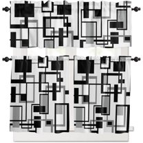 Abstract Kitchen Curtains Valances and Tier Set, 3 Pieces Rod Pocket Tiers Curtain Neutral Black White Square Small Window Valance Sets Treatment Drapes Minimalist Aesthetic Art