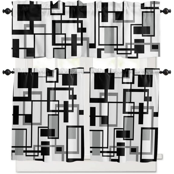 Abstract Kitchen Curtains Valances and Tier Set, 3 Pieces Rod Pocket Tiers Curtain Neutral Black White Square Small Window Valance Sets Treatment Drapes Minimalist Aesthetic Art