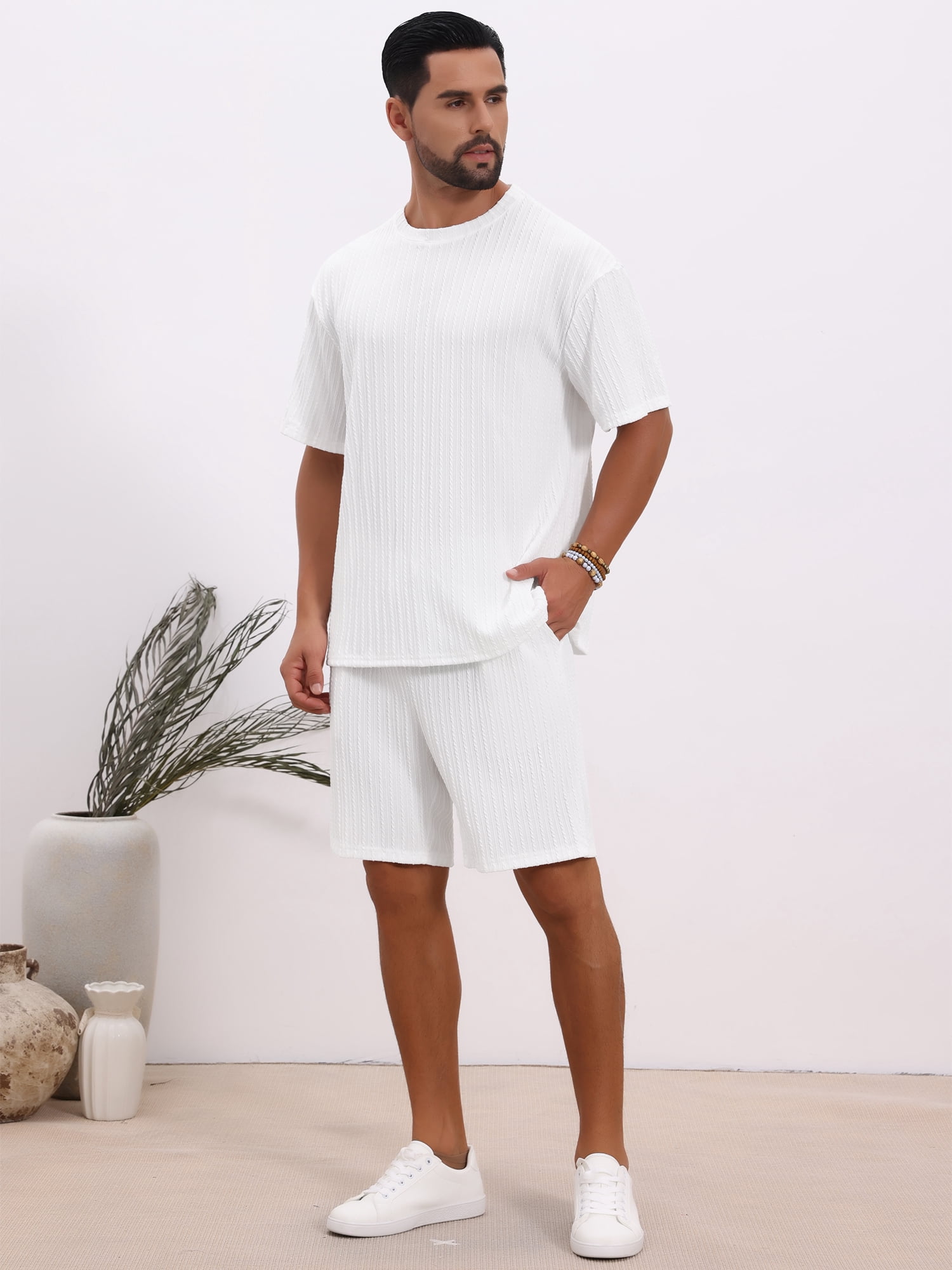 DARING DIVA Men's 2 Pieces Texture Crew Neck Shirt Top and Shorts Outfits 2XL White