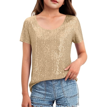 Floleo Girls Sparkle Sequined Party Top Solid Color Short Sleeve Cute Blouse for Kids Birthday Celebration Holiday Festive Outfit(Gold 10-11 Years)