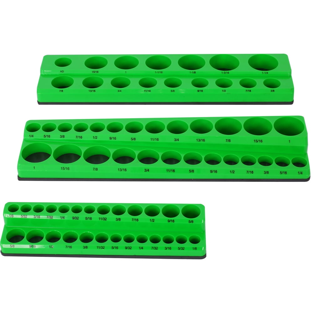 3 Piece Magnetic Socket Organizer Set, 1/2", 1/4" and 3/8" Socket Holder Kit, Attaches to Steel Box / Tool