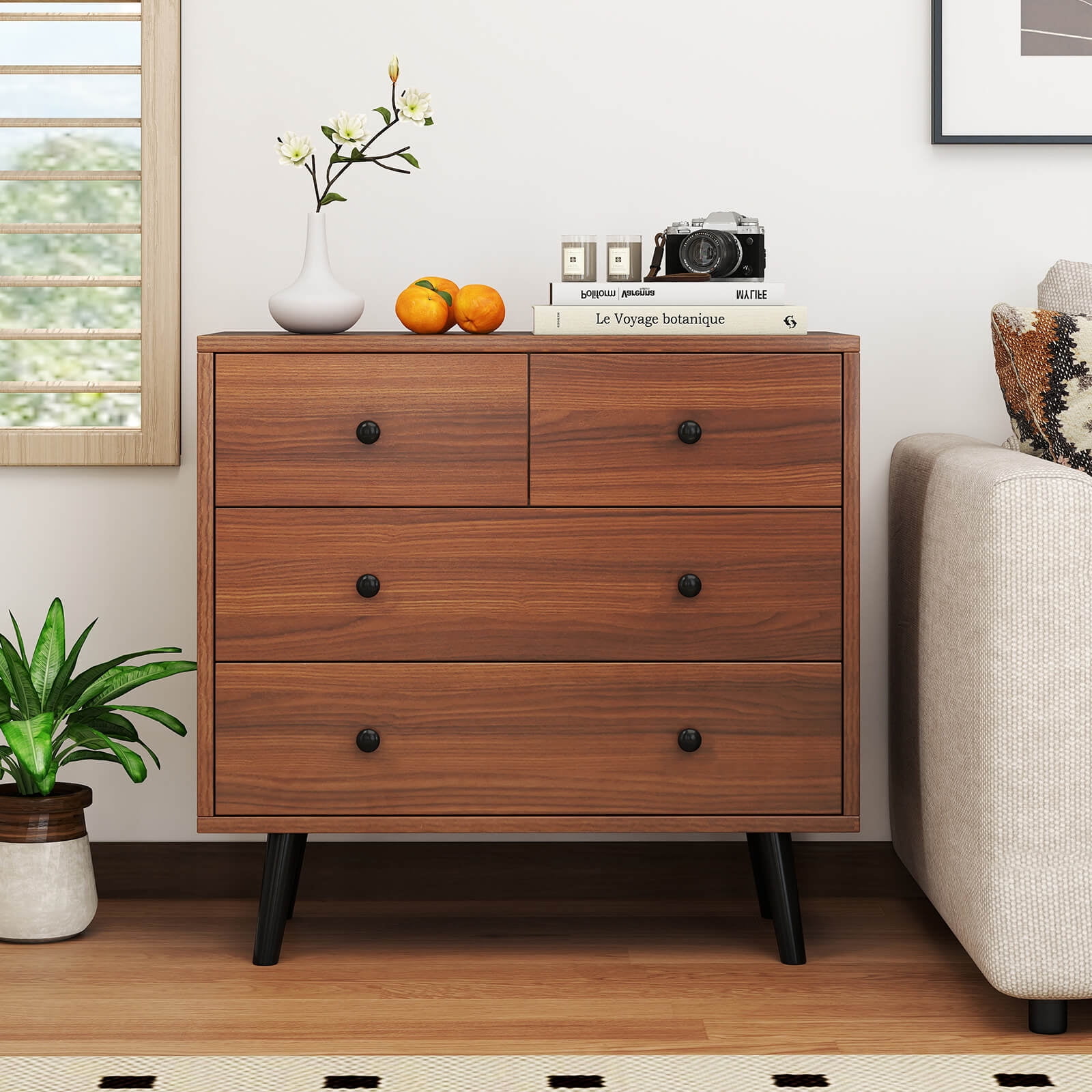 Costway 4 Drawer Dresser for Bedroom Wide Chest of Drawers with Metal Guide Rails Walnut