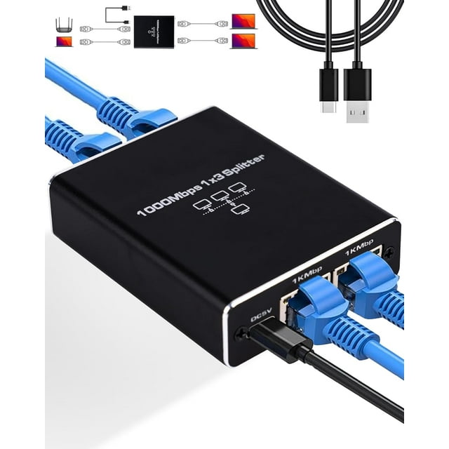 Divisor Ethernet Gigabit 1 a 3, Divisor LAN de Alta Velocidad 1000Mbps con Cable de Alimentación USB, Divisor de Internet, Divisor RJ45 para Cable Cat5/5e/6/7/8 [3 Dispositivos Simultáneamente en Red