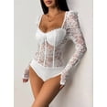 thumbnail image 4 of Women'S Sheer Floral Lace Long Sleeve Bodysuit Top Sweetheart Neck Bodysuit White S, 4 of 8