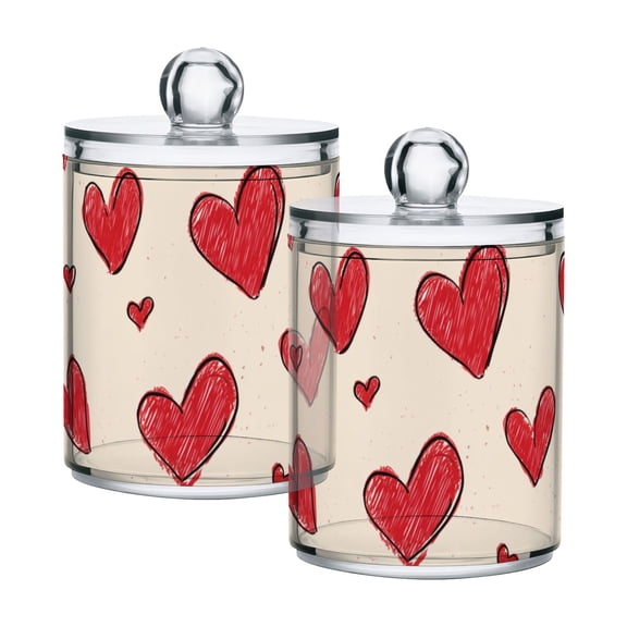 Doodle Hearts in Red Color Valentine Translucent Plastic Cans Storage Canisters with Lid Set of 2