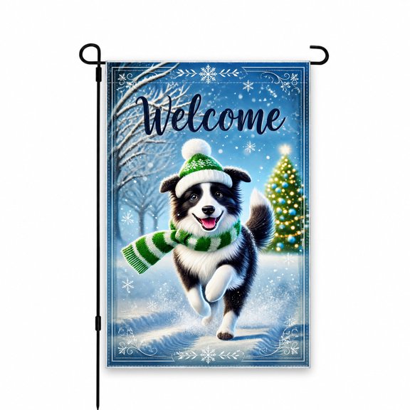 Welcome Winter Garden Flag 12x18 Inch - Festive Dog with Scarf & Snowflakes Outdoor Decor for Yard, Lawn, Patio or Porch - Holiday Season Banner