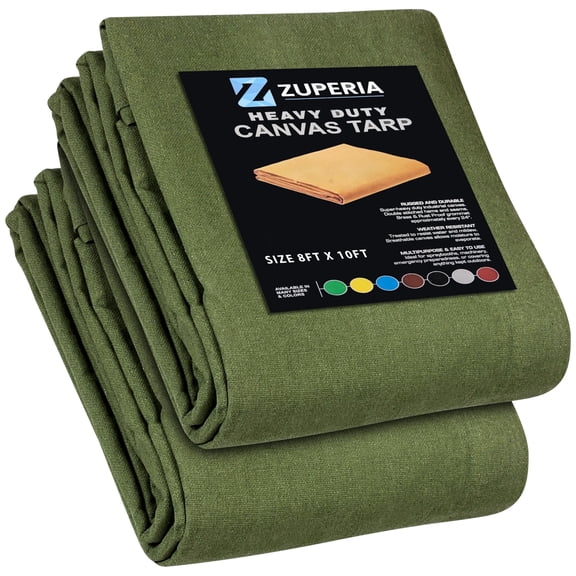 Zuperia Heavy Duty Canvas Tarp (8' x 10' ft - Pack of 2) with Rustproof Grommets, UV Resistant & Tear Resistant Multipurpose Tarpaulin Cover for Outdoor, Industrial & Commercial Use (Olive Green)