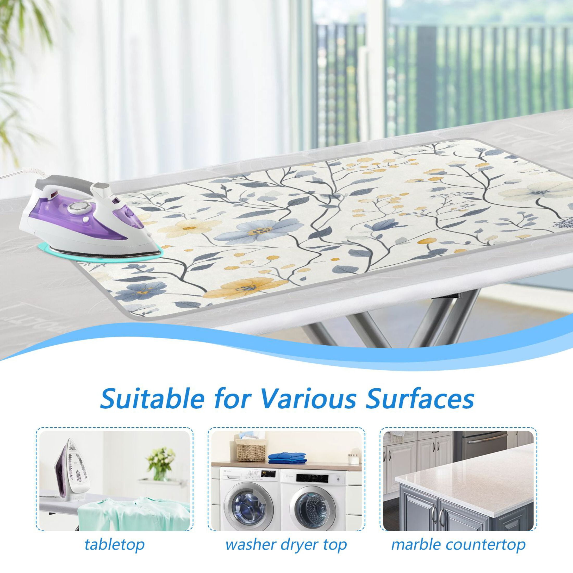 Hand Drawn Spring Flowers Portable Ironing Mat, Heat-Resistant, Dual-Sided, Foldable for Easy Storage