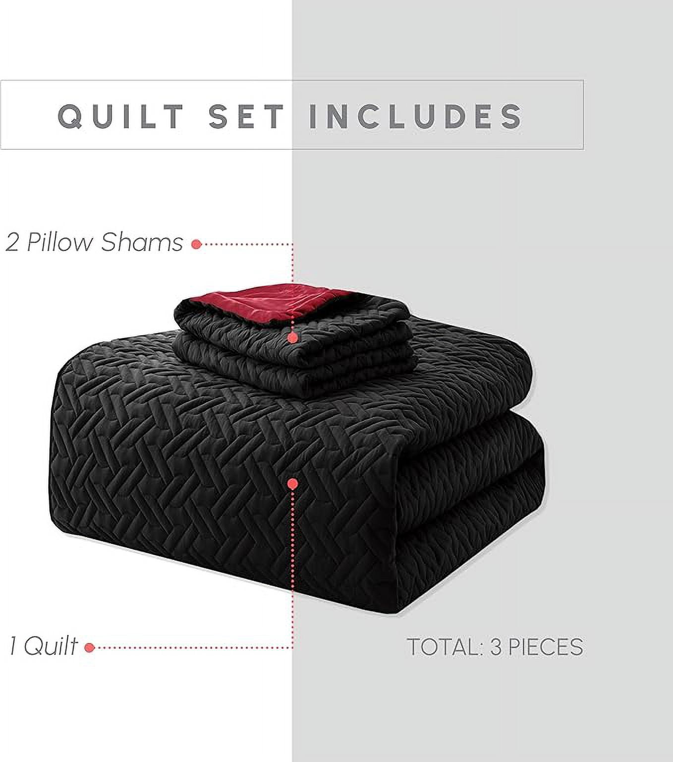 Elegant Comfort 3-Piece Quilted Reversible Bedspread Coverlet Set with Pillow Shams, Exquisite Majestic Stitching All Season Heavy Weight - Ultra Soft Premium Quilt- Queen, Black/Burgundy