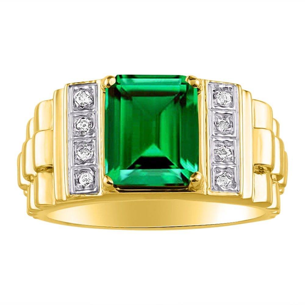 Men's 8c Emerald & White Topaz Ring May Birthstone Gold Tone or Stainless Steel 