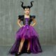 thumbnail image 4 of Conjunto de 3 piezas para Halloween, disfraz de maléfica para niña, trajes altos y bajos, vestidos de malla con capa de plumas para fiesta de Carnaval, 4 of 5