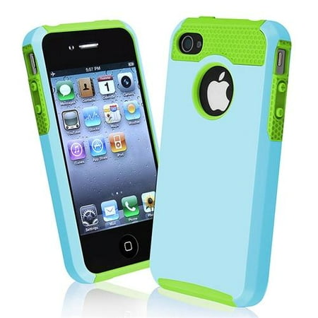 Insten Hybrid Case For Apple iPhone 4/ 4S, Green TPU/ Light Blue Hard