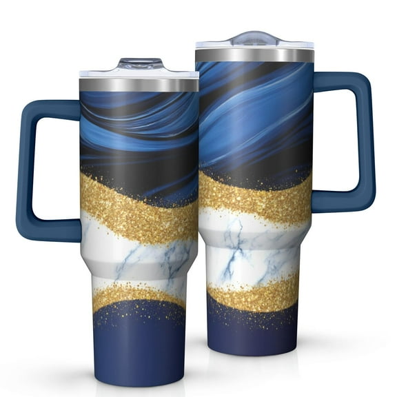 OBREWU Blue Gold Marble Tumbler with Handle and Lid,Blue Gold Marble 40oz Double Wall Vacuum Insulated Tumbler,Cups Gift for Women and Men