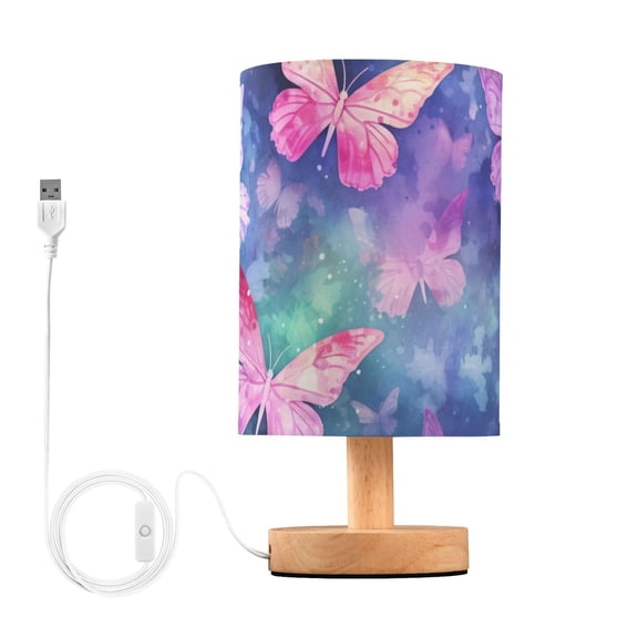 Butterflies Purple Table Lamp USB Bedside Desk Nightstand Lamp Printed Gifts Small Lamp Wood Base for Bedroom Living Room Kids Room College Dorm