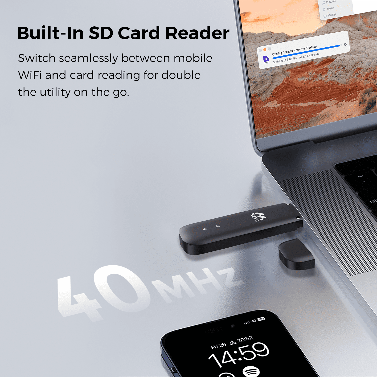 MIRO UFI 4G LTE USB WiFi Dongle: Plug & Play Portable Hotspot, 150Mbps Speed, Dual SIM/SD Slots