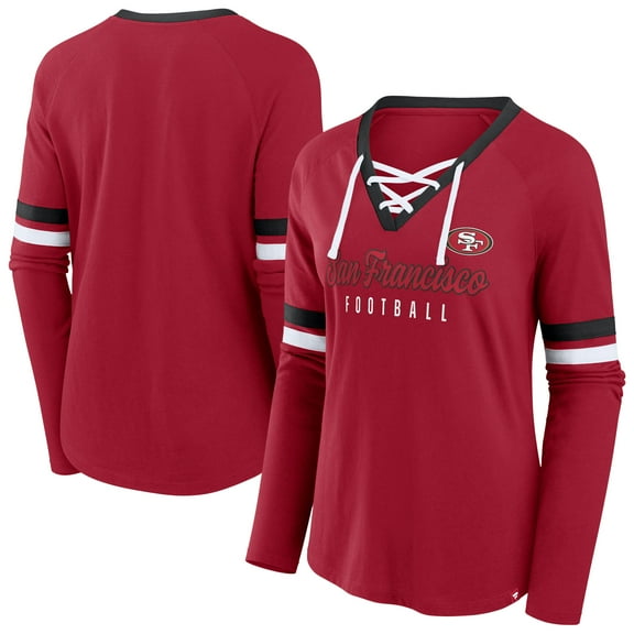 Women's Fanatics Scarlet San Francisco 49ers Plus Size Won & Done Lace-Up V-Neck Long Sleeve T-Shirt