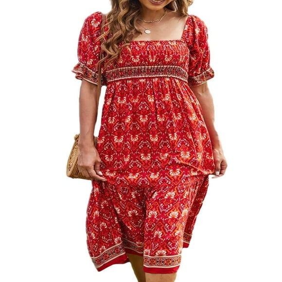Women Summer Bohemian Dress  Short Sleeve Pleated Chest Floral Pattern Boho Style One Piece Cake Skirt