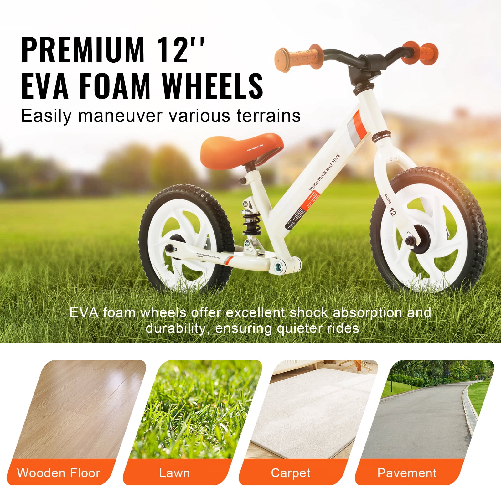 SKYSHALO Children's Balance Bike, 12" Durable Carbon Steel Frame, Adjustable Seat & Handle, EVA Foam Wheels, Pedal-less Training Bicycle for Kids Aged 1-5, Supports up to 55 lbs