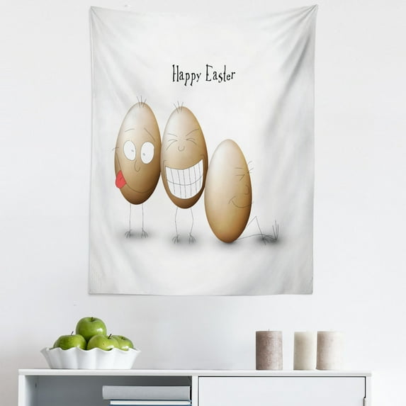 Easter Tapestry, Cartoon Funny Eggs Doodle Style Facial Expression Cheerful Characters, Fabric Wall Hanging Decor for Bedroom Living Room Dorm, 5 Sizes, Tan Dark Coral Black, by Ambesonne