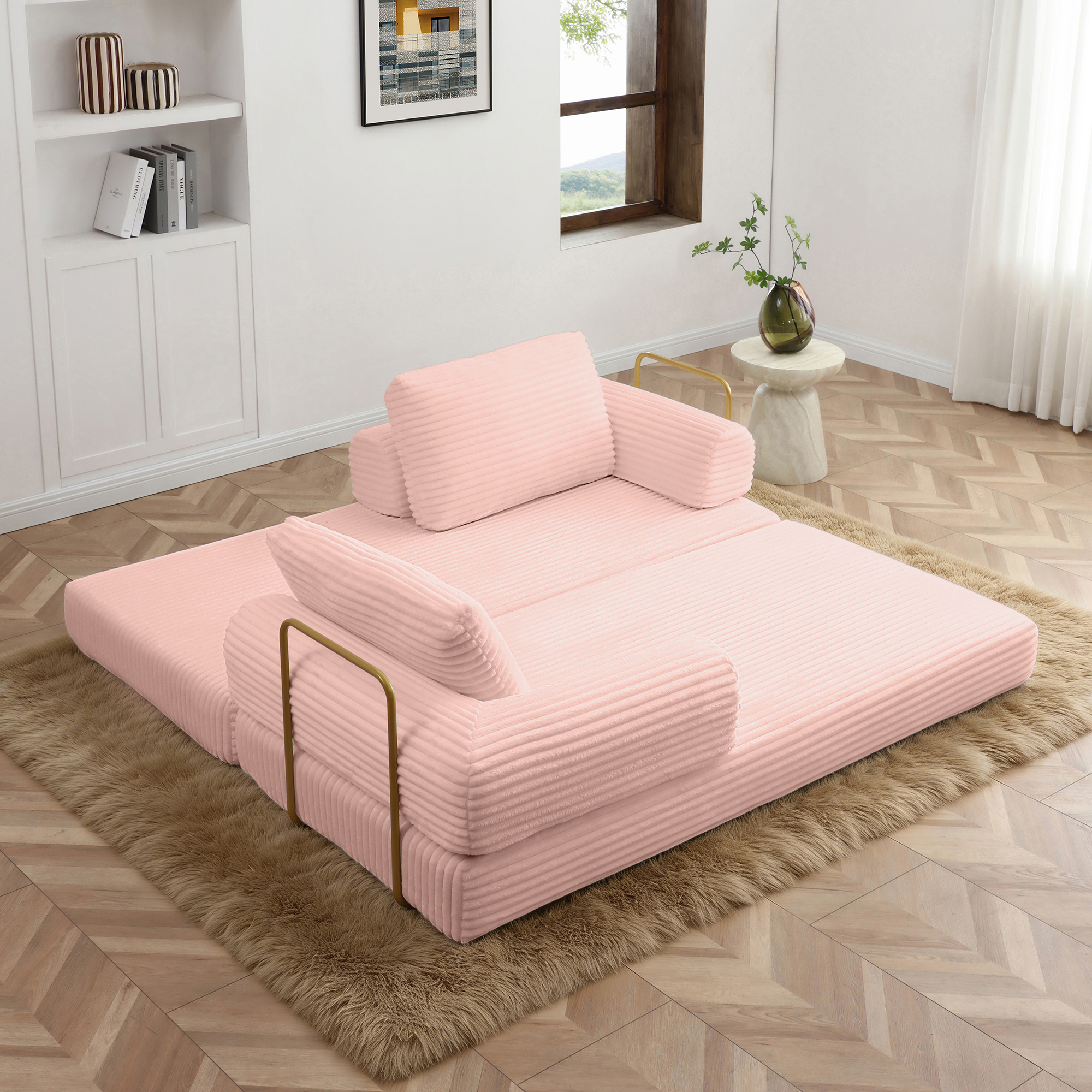 79.5" Convertible Sofa Bed,Folding Sleeper Sofa Couch Bed with Fixed-Shape Frame,Corduroy Fold Out Sleeper Loveseat for Living Room,Bedroom,Apartment,Pink