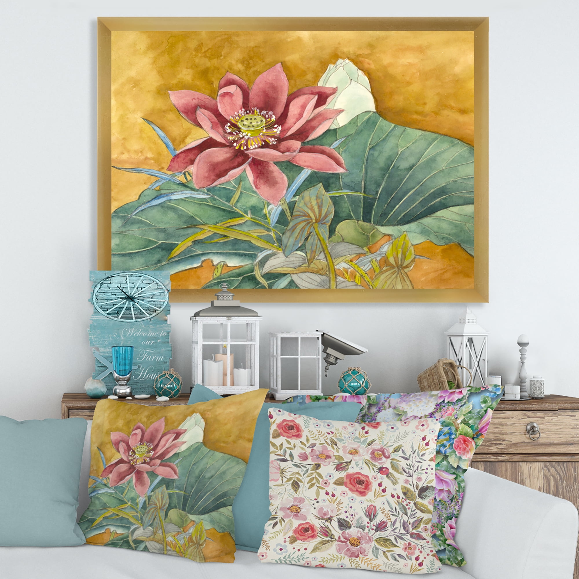 Designart 'Ancient Impression of Pink Lotus' Traditional Framed Art Print