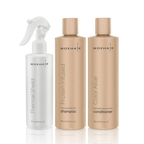 Moehair Trio Pack of Protein Infused Shampoo (12 Fl Oz), Color Alive Conditioner (12 Fl Oz) and Thermal Shield Spray (12 Fl Oz) | Heat Protection | Anti-Damage Hair Care System for Dry Hair