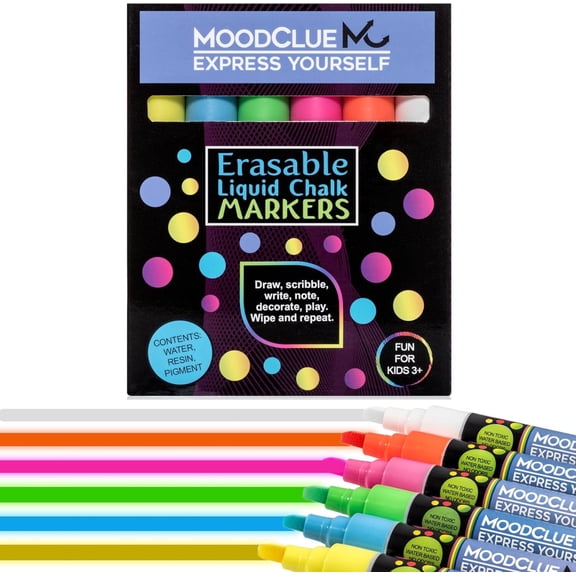 MoodClue Liquid Chalk Markers, 6 Neon Colors, Reversible Tips, Easy-Clean Wet or Dry Erase, Non-Toxic
