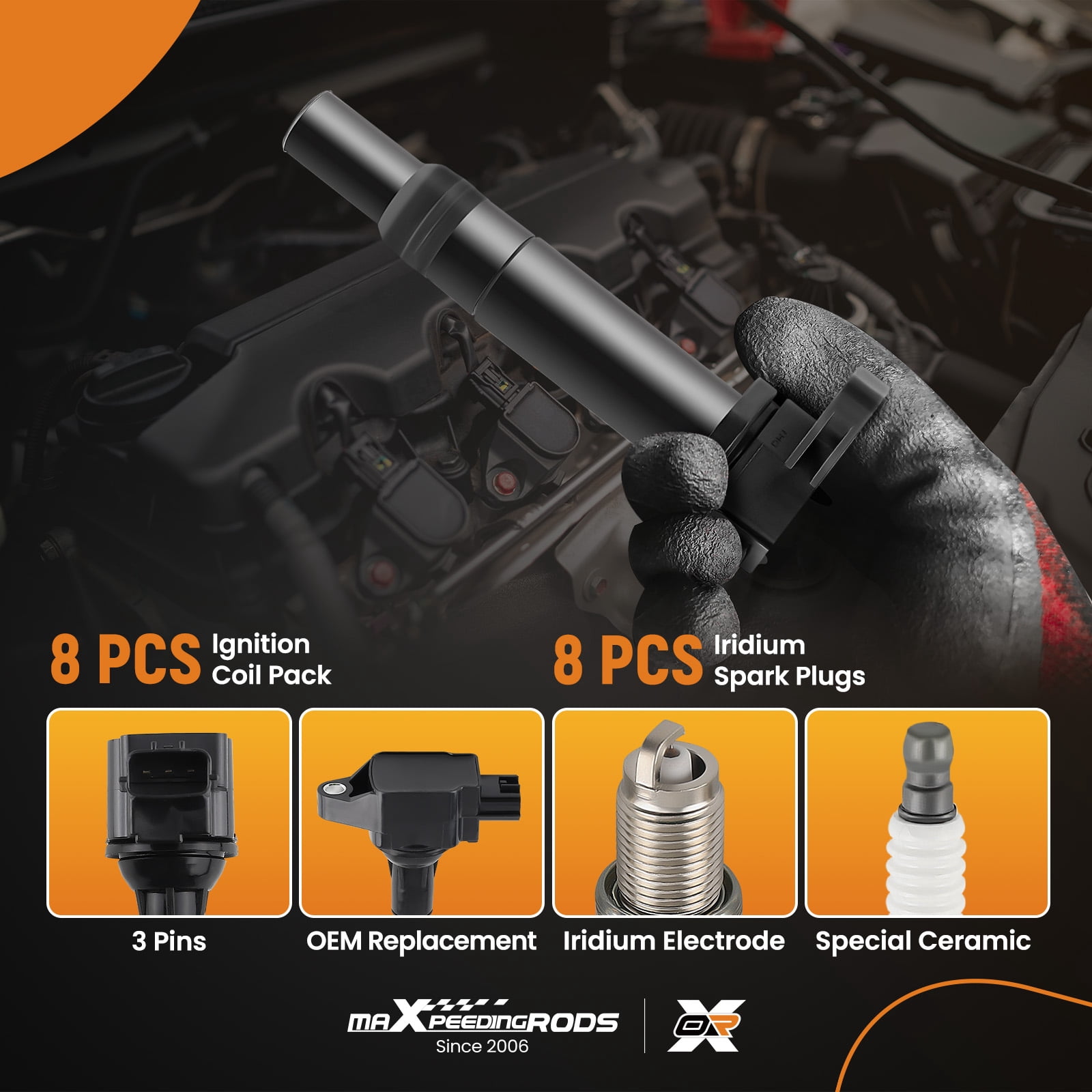 maXpeedingrods UF551 Set of 8 Ignition Coil Pack and Iridium Spark Plugs Fit for Nissan Armada NV2500 NV3500 Titan, for Infiniti QX56 2007-2015 V8 5.6L, Ignition Coil Kit Replaces 22448ZE00A