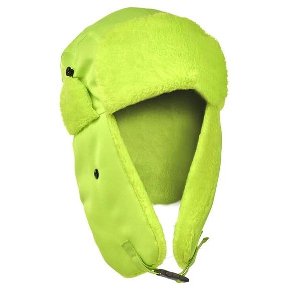 Winter Trapper Hat with Ear Flaps, Faux Fur Lined, Lime Green, SAFEGEAR