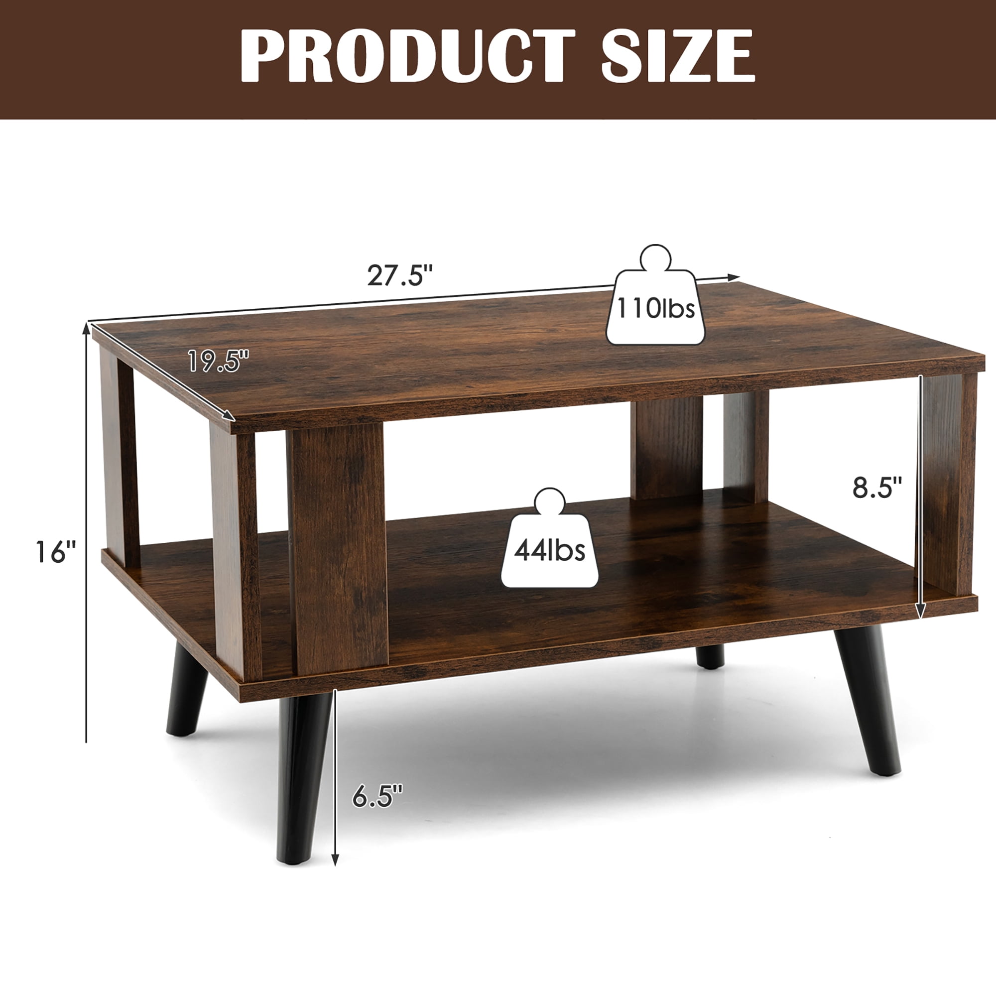 Costway Coffee Table Retro Mid-Century Coffee Table W/Storage  Open Shelf Living Room